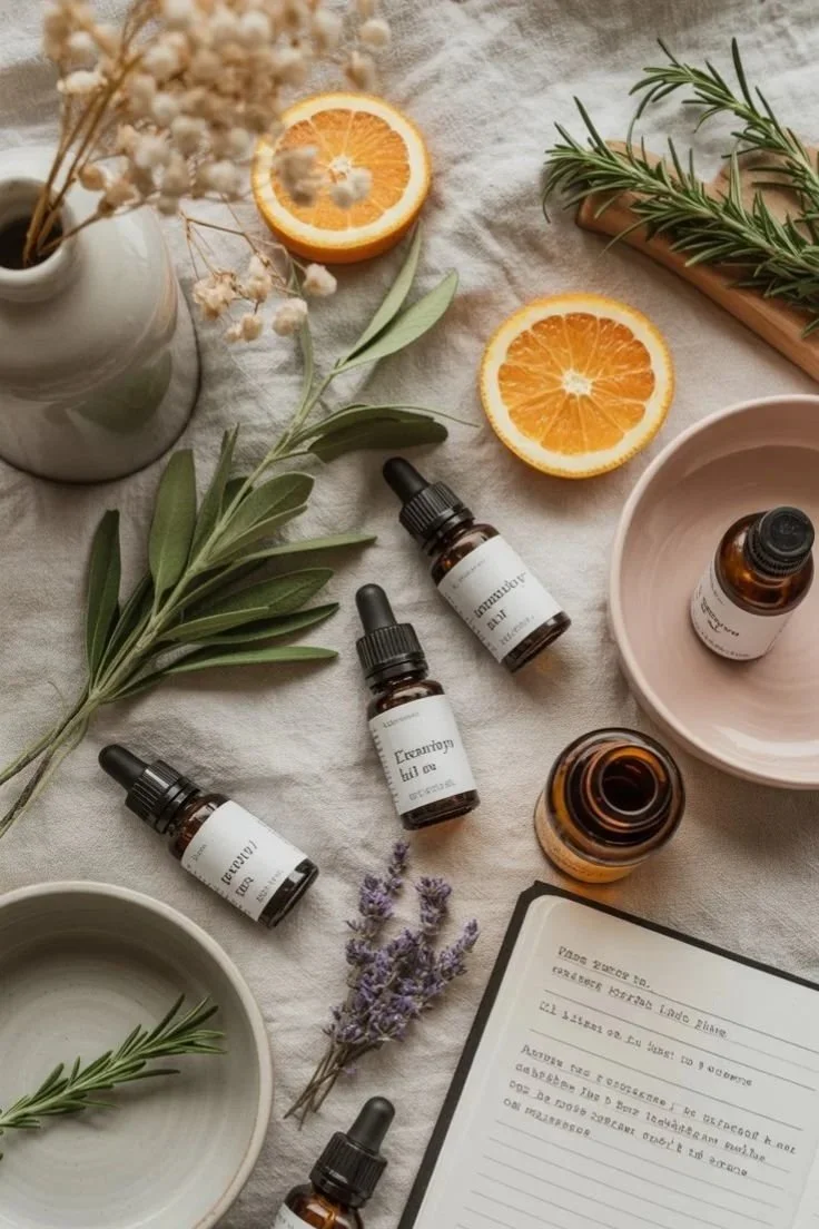 Vinaigre essentiel avec eucalyptus, lavande, citron, et romarin entouré de feuilles vertes, fleurs séchées, et tasses, sur un drap blanc.