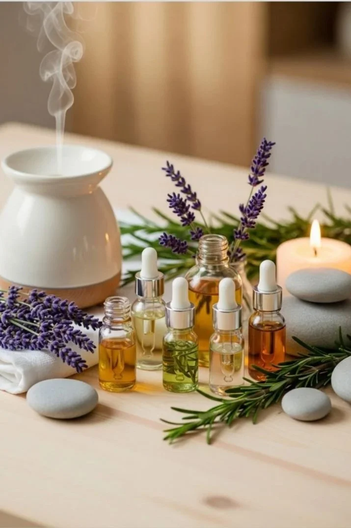 Différents flacons d'huiles essentielles, lavande, bougie et pierre, sur une table en bois pour une séance de aromathérapie.