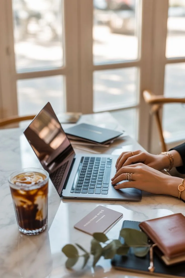 Une personne travaillant sur un ordinateur portable dans un café, avec une boisson glacée, un carnet, un téléphone portable, des papiers et un sac, à proximité.