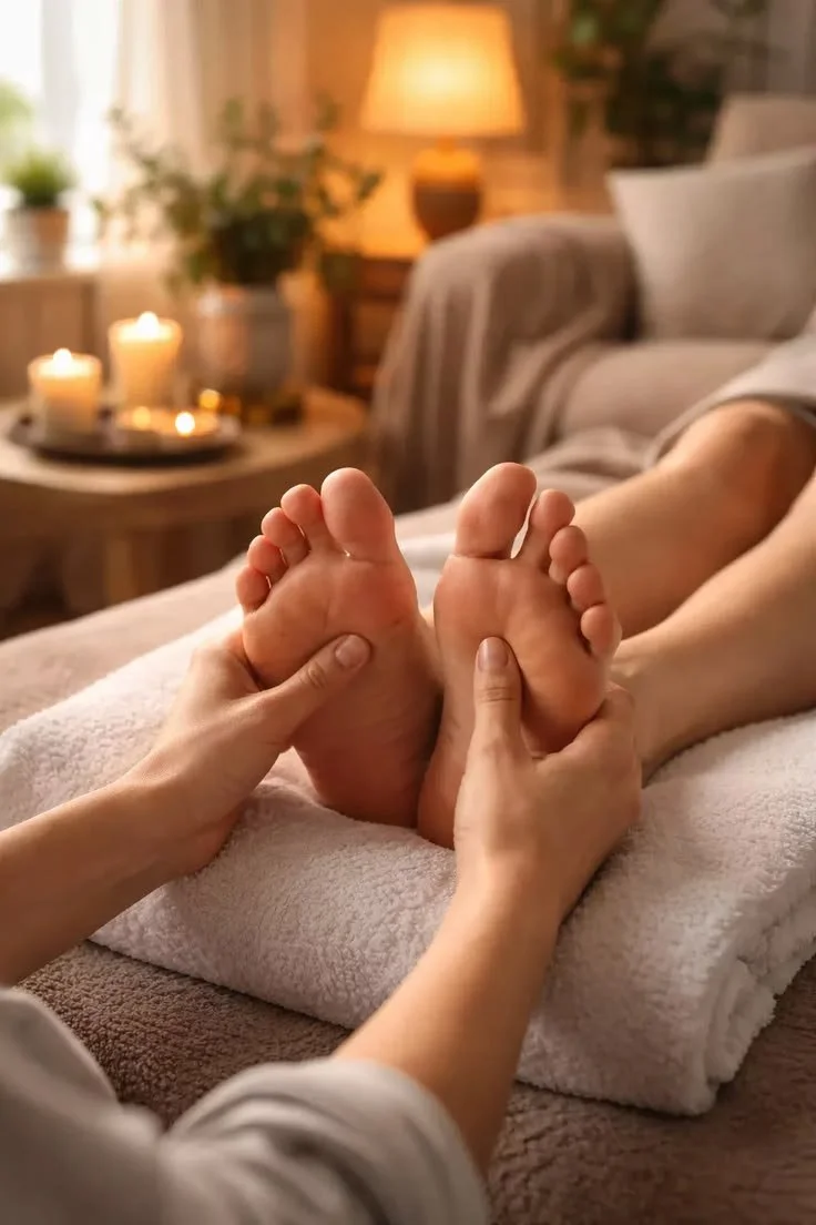 Une personne reçoit une séance de massage des pieds ou reflexologie plantaire, dans un salon relaxant, avec une lumière douce, des bougies et un canapé en arrière-plan par une naturopathe.