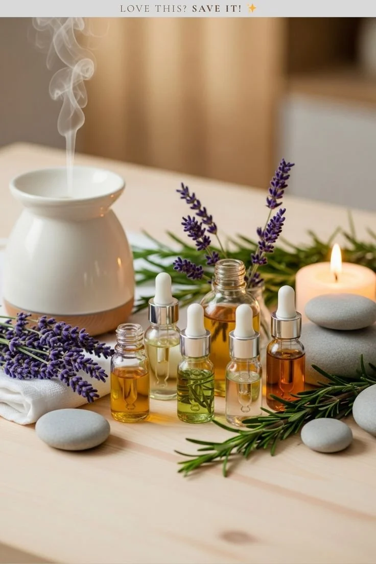 Bougies, flacons d'huiles essentielles avec compte-gouttes, lavande, eucalyptus, pierre et serviette sur une table en bois, ambiance relaxante et spa.