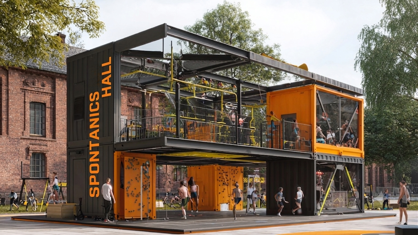 A modular, easy-to-build SPONTANICS HALL designed to complement existing fitness-centers, version "Open Air".