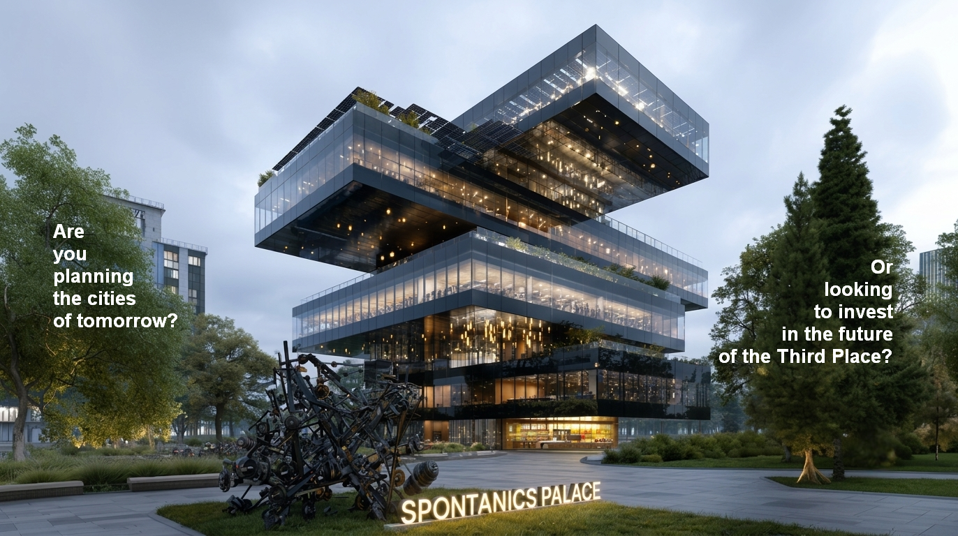 High-end architectural concept of SPONTANICS PALACE, showing a multi-level glass and dark brushed brass-framed stacked building with diverse, spontaneous public activities: fromf reading in a library to working out in a gym.