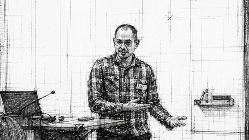 A man wearing glasses and a plaid shirt standing in front of a presentation board, gesturing with his hands, with a desk and shelves in the background.
