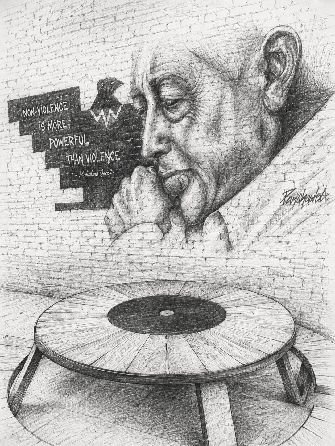 A black-and-white drawing of a black man deep in thought, with a quote: "Non-violence is more powerful than violence", and the signature of Frank Campagna, mural artist. There is a table in the foreground. Photo in Deep Ellum, Dallas, TX, USA.
