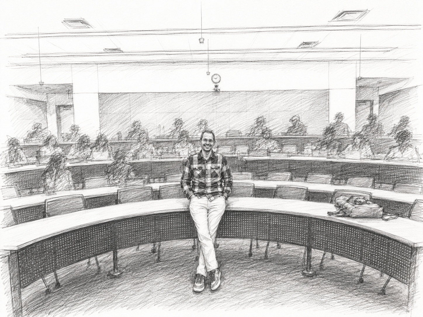 A man wearing a plaid shirt and white pants leaning against a curved table in a conference room, with a sketch of a meeting room and people in the background.
