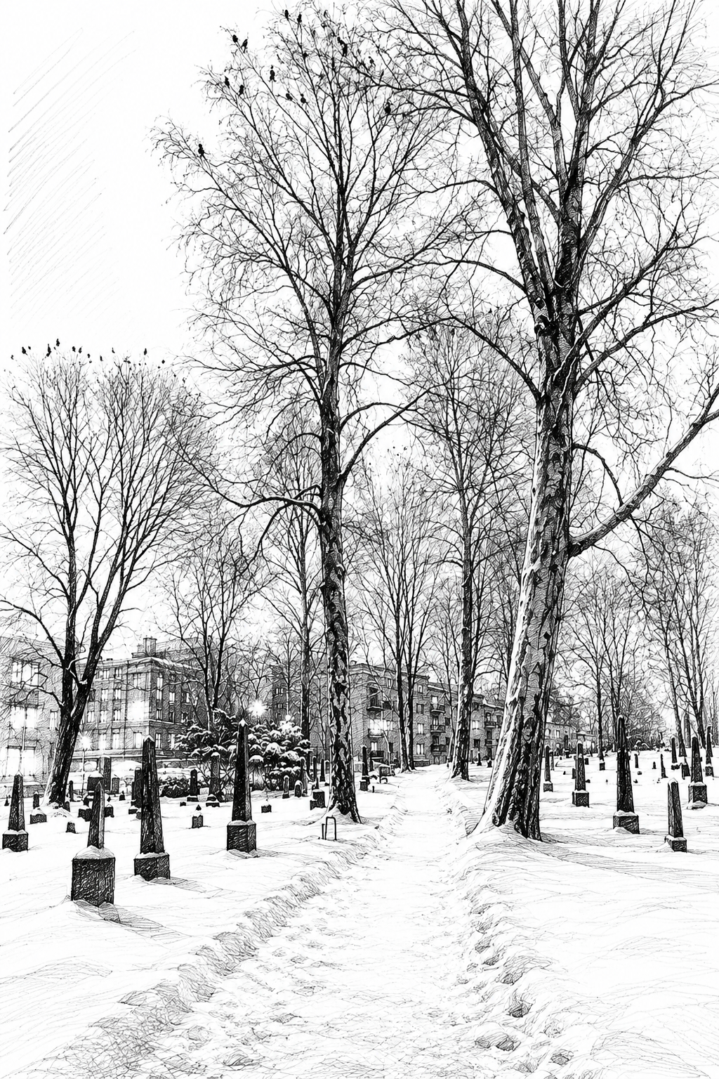 Black and white sketch of a snowy park with tall, leafless trees and a path leading through the park, with apartment buildings in the background. Photography taken in Oslo, Norway.