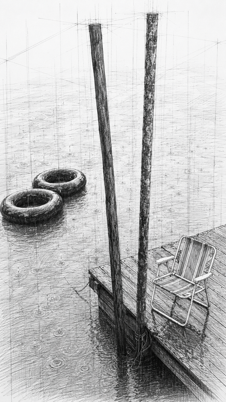 A sketch of a wooden dock with a lawn chair, two tires in the water, and two tall wooden poles, with rain creating ripples on the water surface. Photography taken in Mocajuba, Pará, Brazil.
