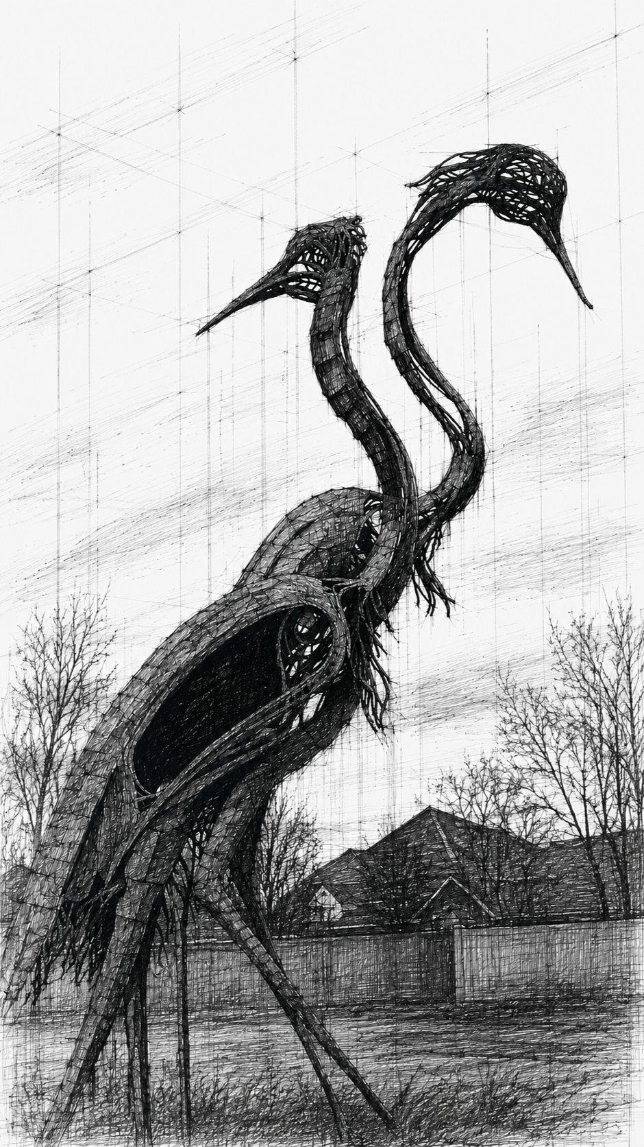 Black and white drawing of two heron sculptures with long, curved necks, standing outdoors near trees and houses. Sculpture in South Lakes Park, Denton, Texas.