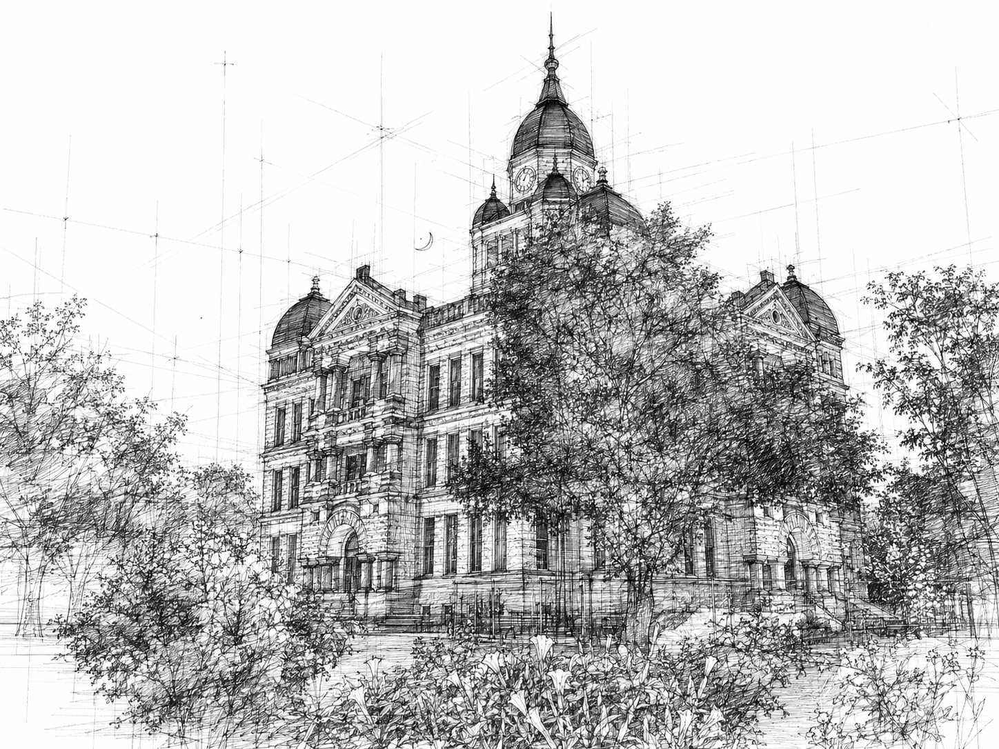 A detailed black and white sketch of the Square Courthouse in Denton, Texas, USA.