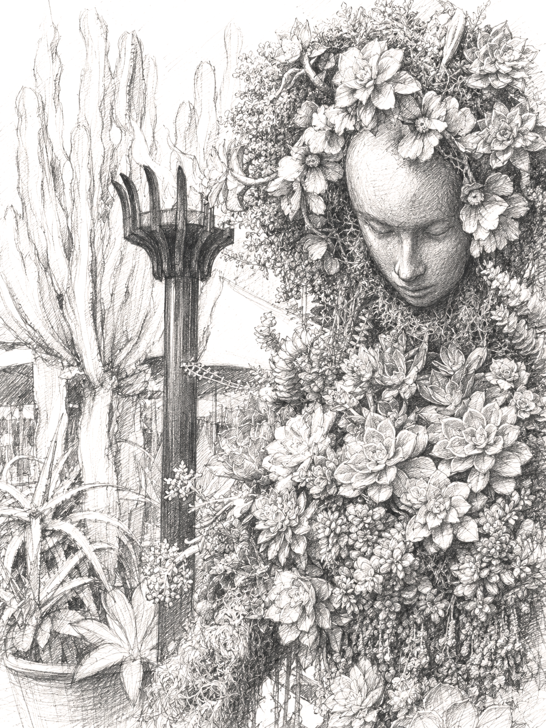 A botanical drawing of a large, human-like face with an elaborate headdress made of flowers and leaves, standing beside a candelabra with lit candles, with potted plants and a leafless tree in the background. Photo in San Diego, CA, USA.