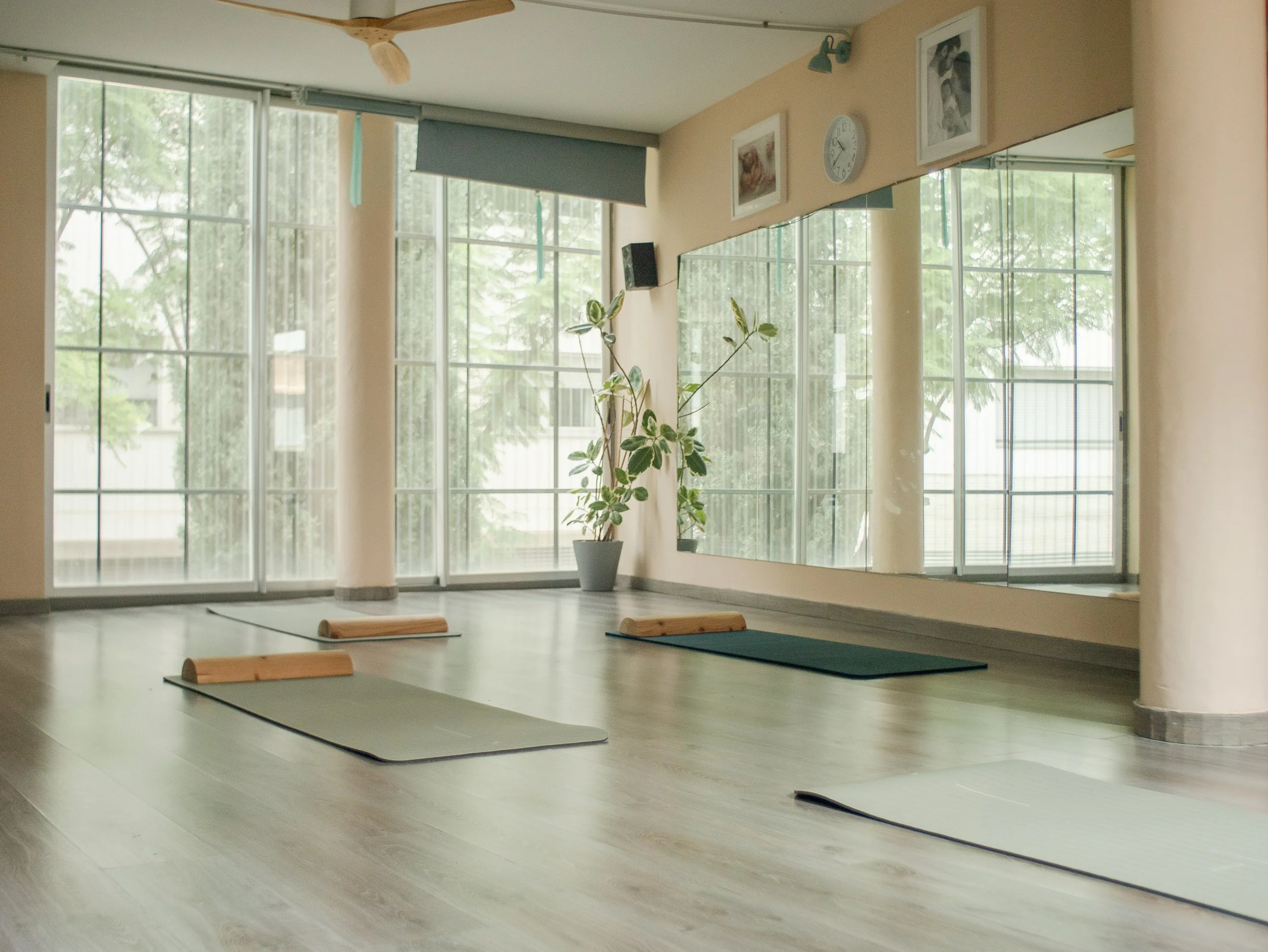 Apartamento de yoga con colchonetas y bloques de madera en una habitación con paredes de cristales grandes y plantas decorativas.