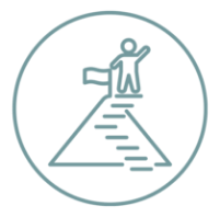 Icon of a telescope on a stand pointing towards the sky, situated on a stepped platform or hill.