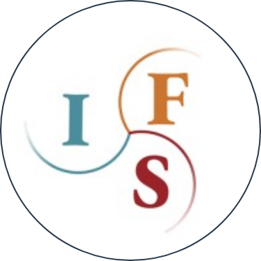 Logo with the letters I, F, and S connected with curved lines in blue, brown, and red, inside a white circle.