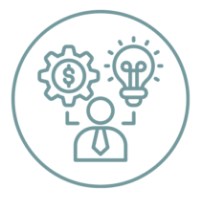 Icon of a person with a gear and dollar sign, and a light bulb representing ideas and innovation