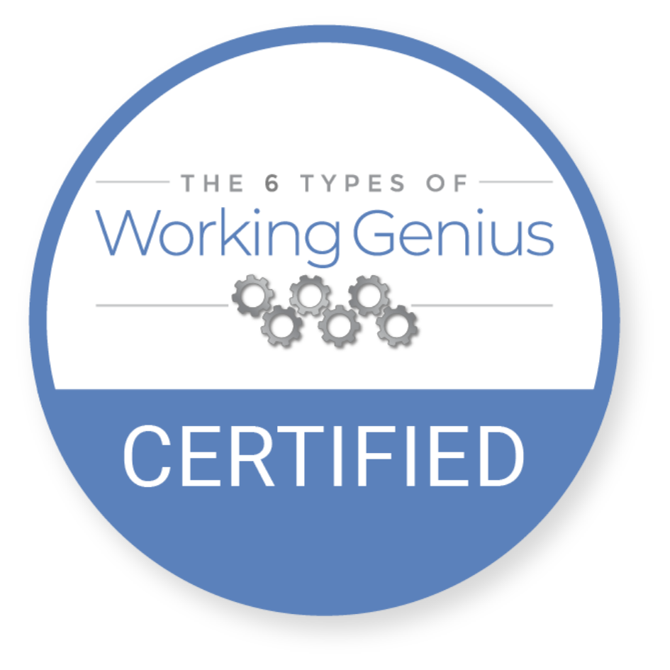 A circular badge with a blue border and background, displaying the text "The 6 Types of Working Genius" with gear icons and the word "Certified" indicating certification.