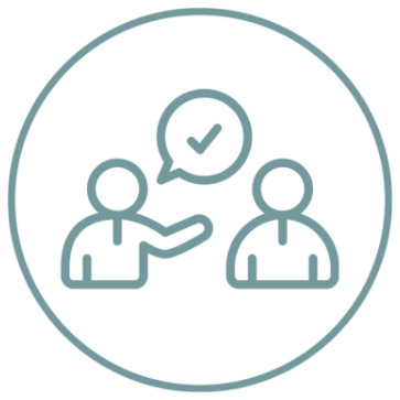 Icon of two people with one giving a thumbs up and a checkmark in a speech bubble above.