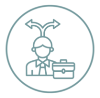 Icon of a person with a briefcase under a split arrow pointing in multiple directions