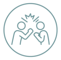 Two stylized human figures with speech bubbles, inside a circular outline
