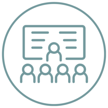 An icon of a person presenting in front of a group in a classroom or meeting setting, with a large open book or screen in the background.