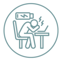 A person sitting at a desk, appearing tired or stressed, with a steaming cup of coffee or tea nearby.
