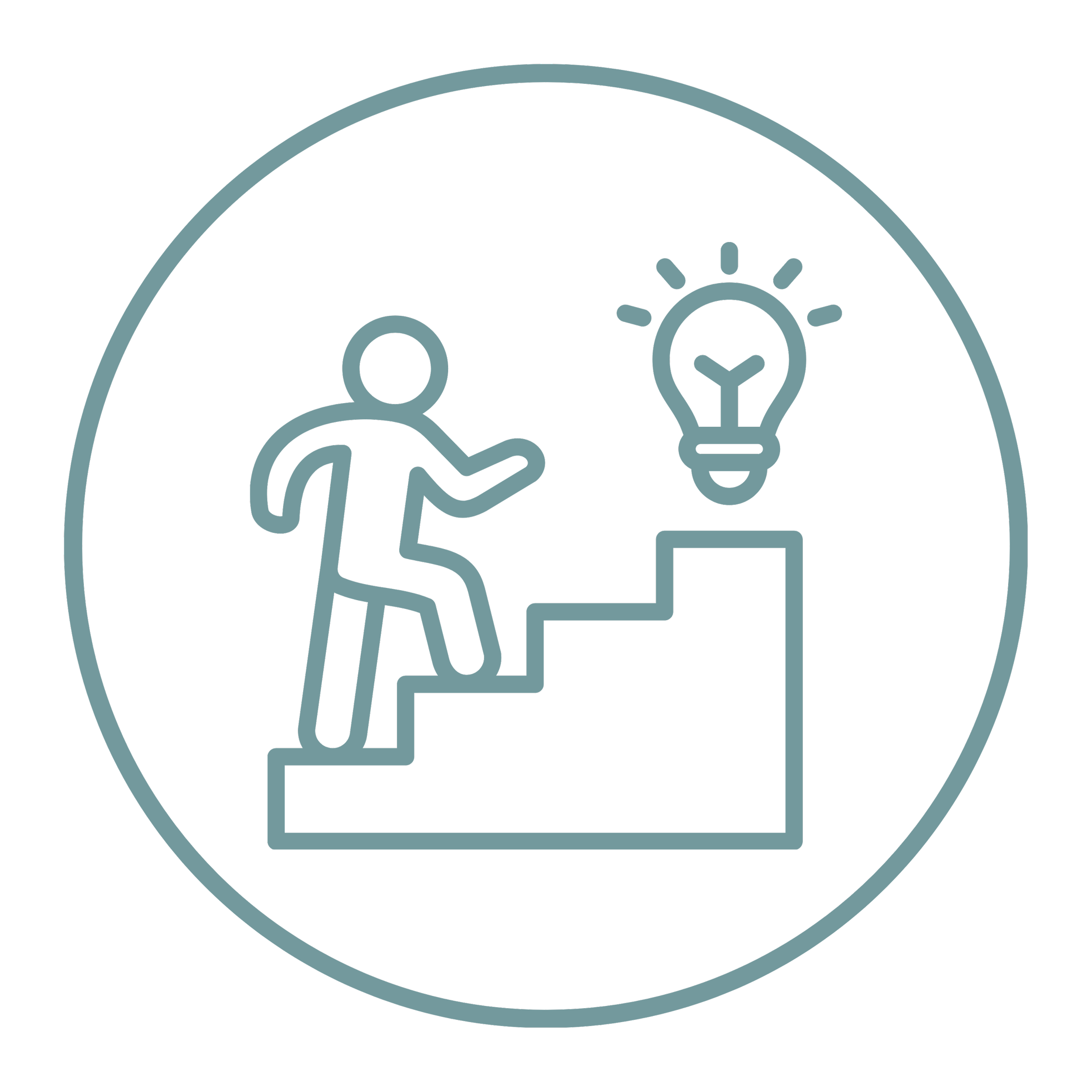 Line drawing of a person sitting cross-legged with a lightbulb above their head, and a leaf on the right side of the lightbulb, within a circle.