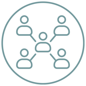 Icon of five people connected by lines, representing a network or team collaboration.