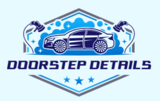 Logo for Doorstep Details featuring a stylized blue car and cleaning tools, with stars and clouds in the background.