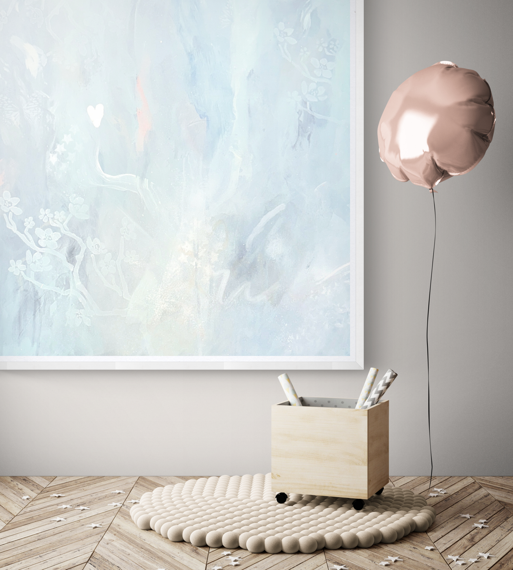 Kids playroom with balloon and decorations blue abstract art.png