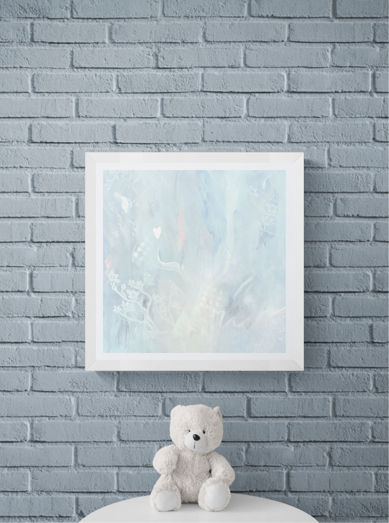 blue abstract art Teddy bear on round table.png