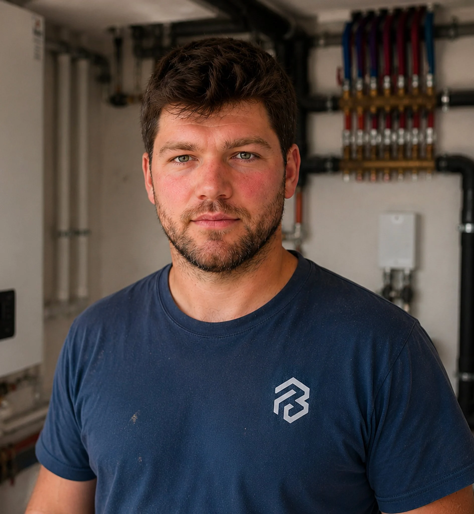 Homme avec des cheveux bruns courts et une barbe, portant un T-shirt bleu avec un logo blanc, debout dans un atelier ou une salle technique, avec des tuyaux et des valves visibles en arrière-plan.