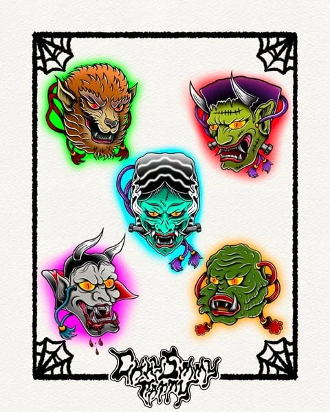 Five colorful cartoon monster heads with horns, fangs, and glowing outlines, arranged in a star pattern, with spider web designs in each corner and a spooky logo at the bottom.