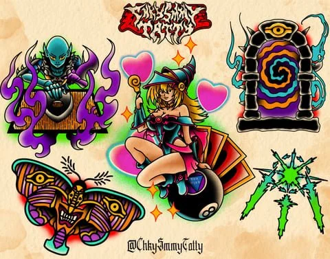 Colorful tattoo-style artwork featuring a blue-skinned skeleton with purple flames, a witch in a pink and purple outfit sitting on a large yin-yang symbol, a purple and yellow moth, a green marijuana leaf, and a black headstone with a rainbow spiral,