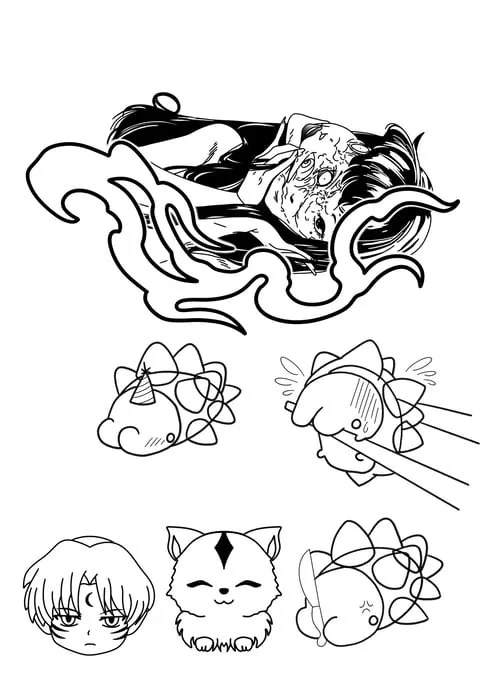 Black-and-white illustration of a girl with long hair lying down surrounded by three chibi-style characters, including a fluffy cat and two children with atomic symbol designs around their heads.