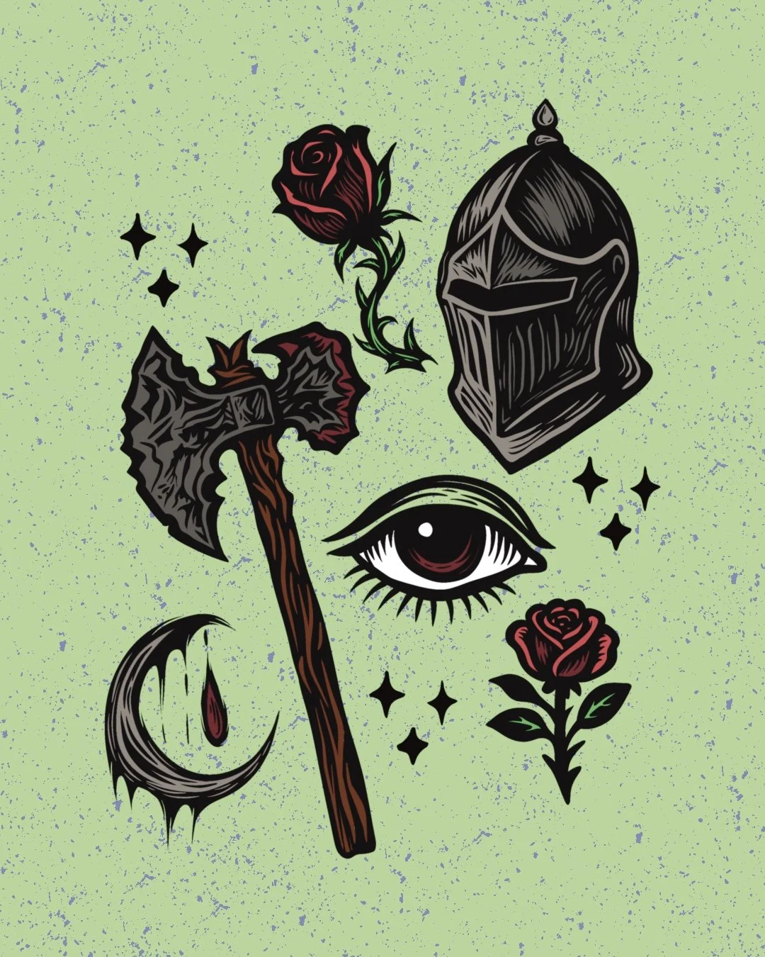 Tattoo-style illustration featuring a knight's helmet, an axe with a rose, a crescent moon with a drop, a detailed eye, and two roses on a green speckled background.