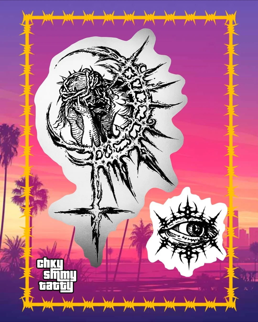 Black and white tattoo-style illustration of a woman with a thorny crown, holding her head in her hands, with a candle underneath, and a separate eye with a crown, all set against a colorful sunset background with palm trees.