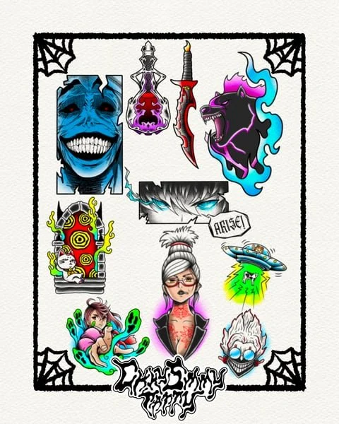 Collection of various colorful tattoo-style characters and symbols with spider web designs in the corners, featuring a blue smiling skeleton, purple potion bottle, dagger with a red handle, black panther with purple flames, yellow and red spiral desi