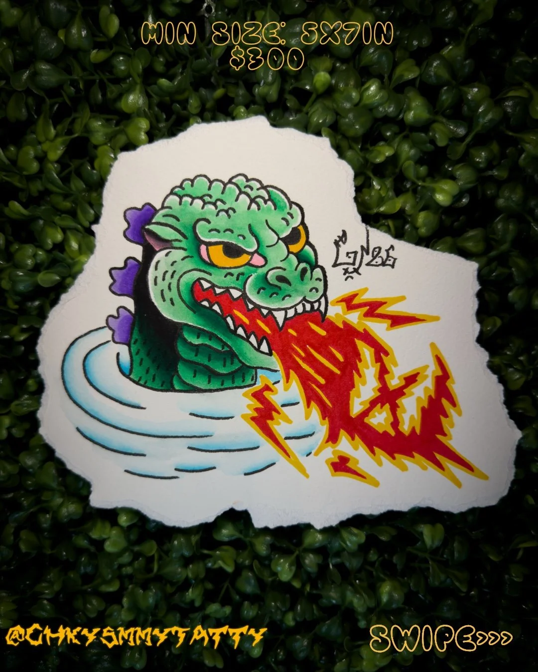 A colorful cartoon illustration of a green dragon breathing fire, with yellow eyes, purple horns, and black scales, set against a background of green foliage.