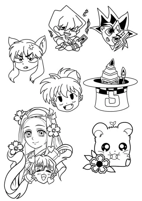 Black and white line drawing of various anime-style characters, including a girl with fox ears, a girl with short hair and glasses, a boy with spiky hair, a magic hat, a girl with long flowing hair and flowers, and a hamster holding a flower, all in 