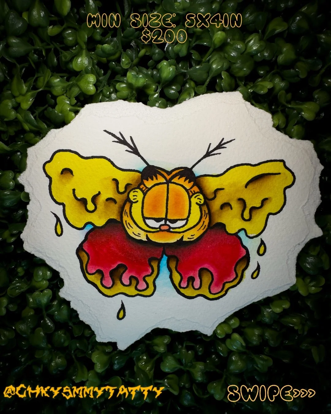 A colorful drawing of a butterfly with yellow, orange, and red wings, against a white textured background, surrounded by green foliage.