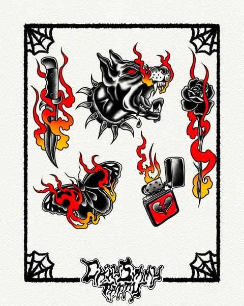 Tattoo-style artwork featuring a fierce wolf head with red flames coming from its nose and mouth, a baseball bat on fire, a rose with flames, a fire extinguisher with a heart symbol, and spider webs in the corners.