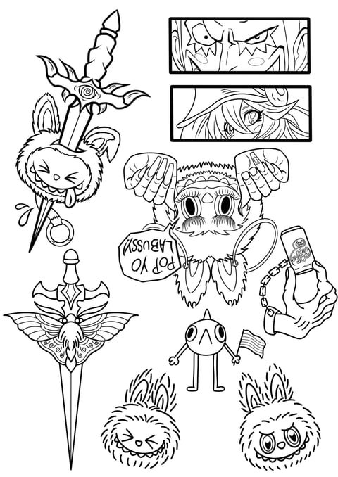 Black and white line drawing featuring various cartoon characters and objects, including a smiling lion with a sword, a character with a 'Po Vy Hobsin' sign, and multiple stylized faces and animals.