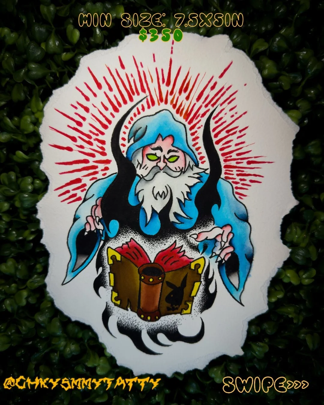 A tattoo design of a wizard with a long white beard, green eyes, blue hood, and black horns, reading a book with a rabbit logo. The background features red sun rays.