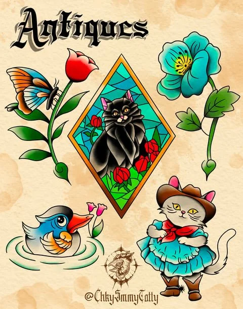A colorful tattoo-style illustration featuring a black cat with pink nose and mouth in a diamond frame, surrounded by red roses, blue and yellow pansy, a blue bird with orange wings, a butterfly, and a cartoon girl dressed as a cat with a bonnet, pla