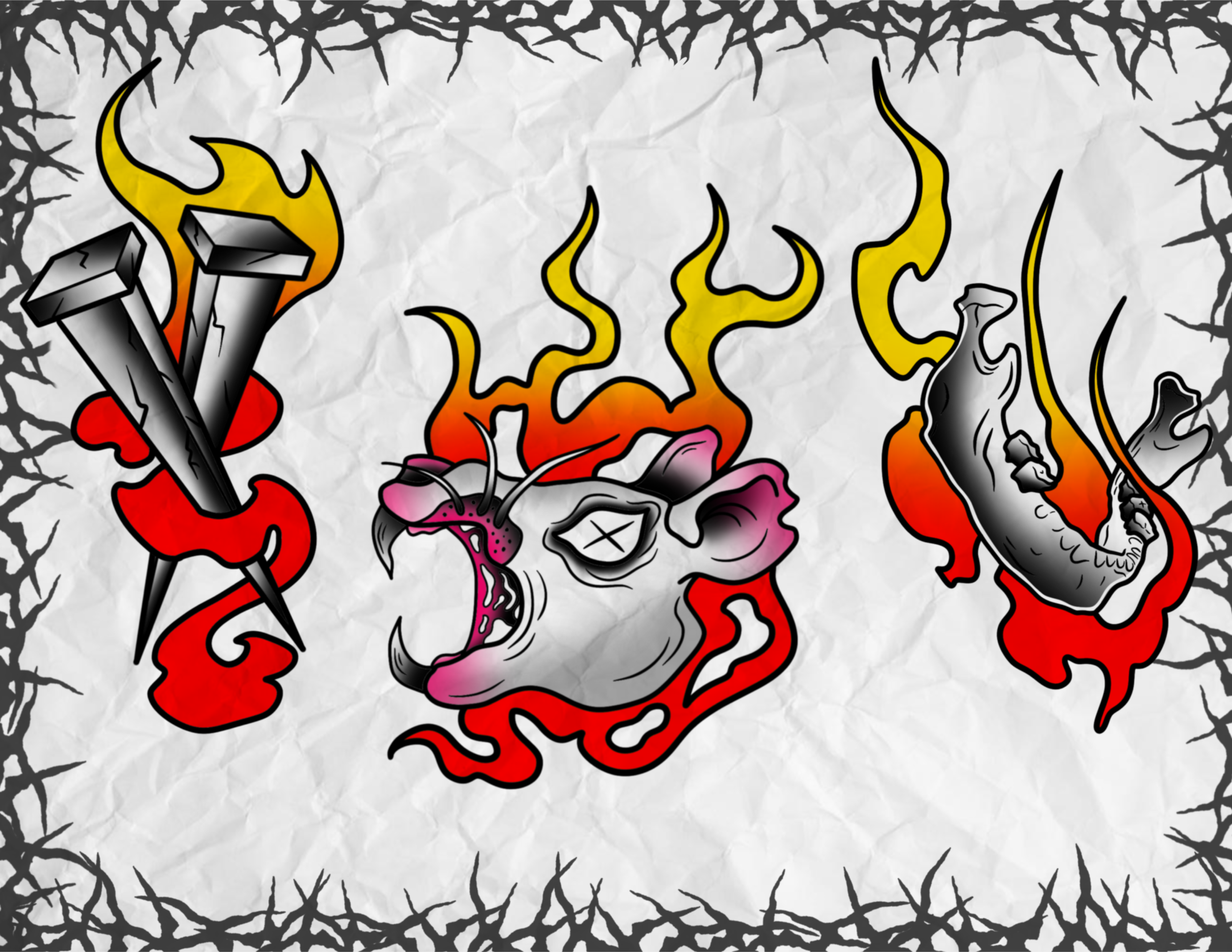 A tattoo design on crumpled paper featuring a fierce creature with horns and an open mouth, surrounded by flames, with two nails crossed and a curl of red and yellow flames in the background, and a black thorny border.