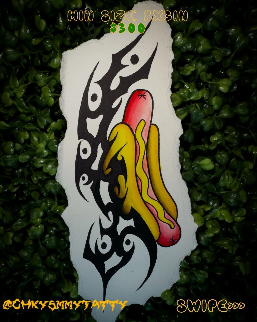 A tattoo design on torn paper, featuring a stylized hot dog with yellow mustard and pink ketchup, surrounded by black tribal patterns, on a background of green leaves.