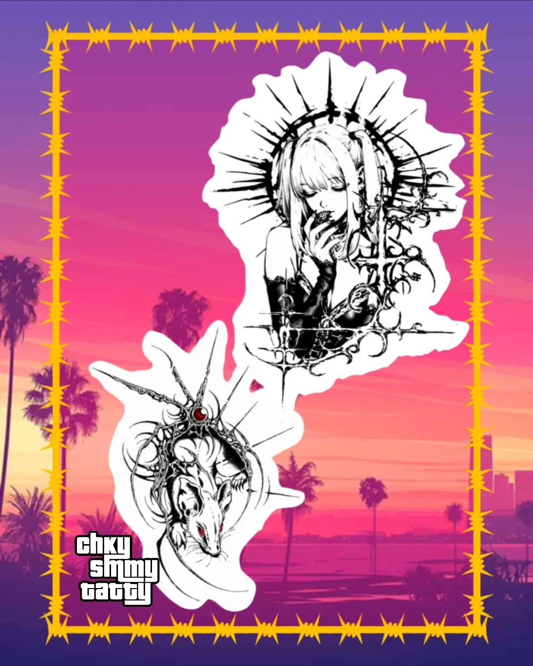 A digital illustration featuring a girl with a halo, possibly inspired by religious or spiritual themes, with a sunset background and palm trees. The girl has long hair and is holding a spherical object near her mouth. Additional elements include a s