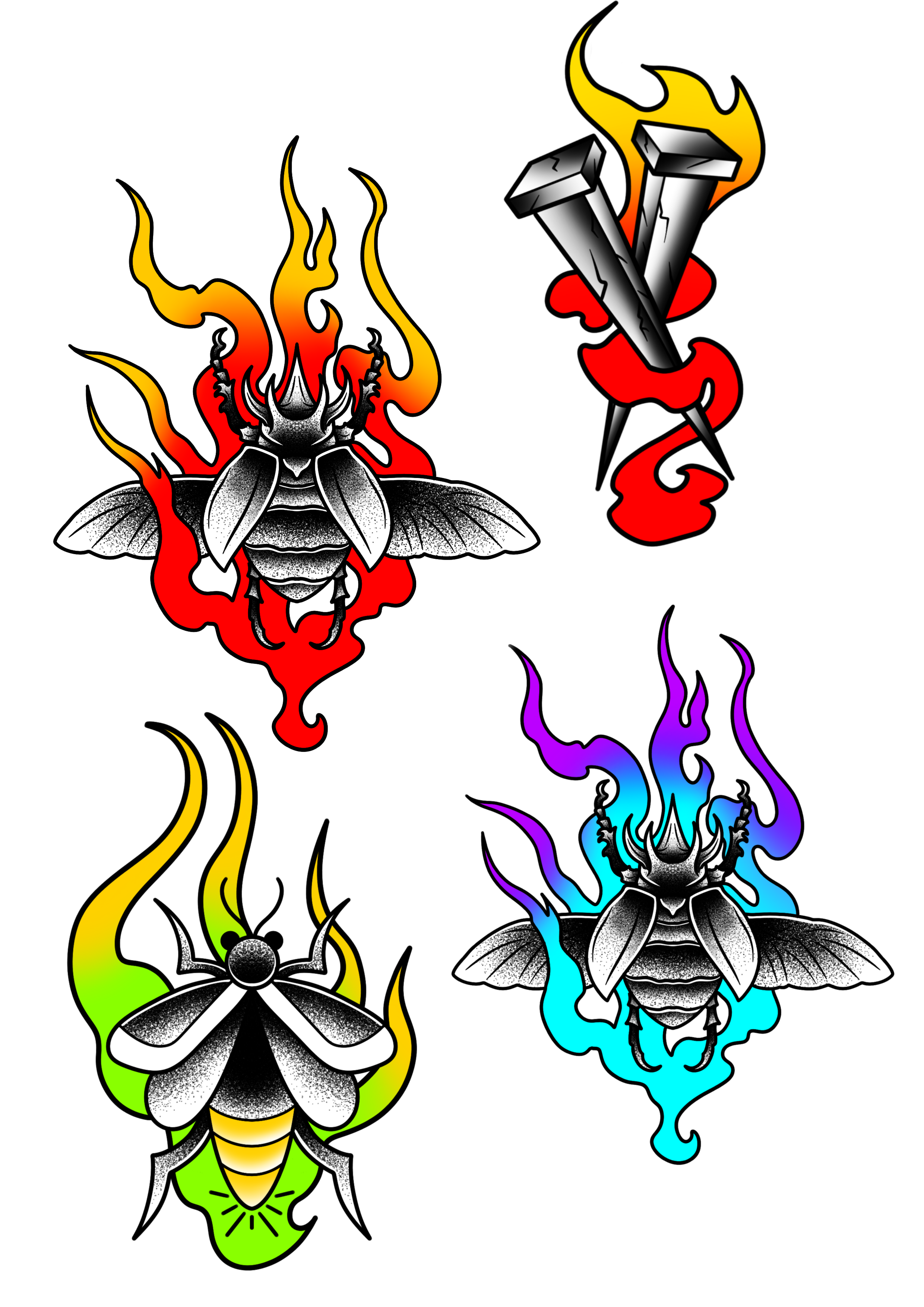 Four tattoo-style illustrations of bees with flames in different colors: red, purple and blue, yellow and green, black and gray.