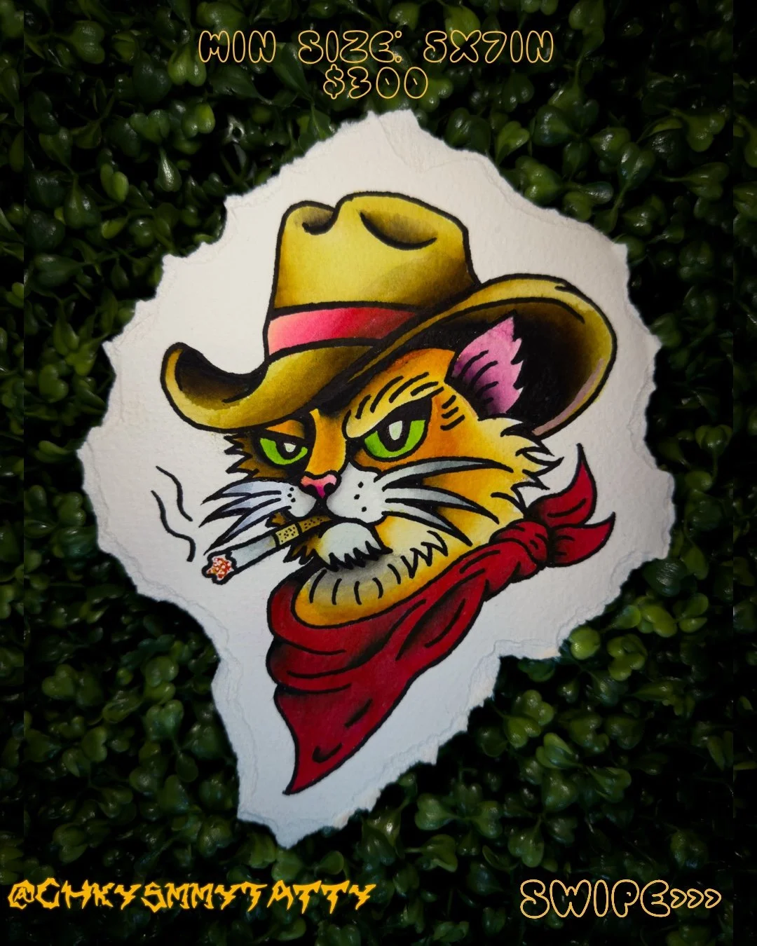 A sticker of a cool cat wearing a cowboy hat and red bandana, smoking a cigarette, against a leafy green background.