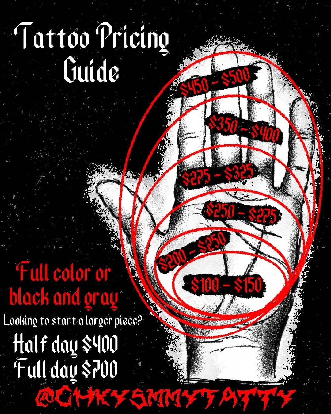Tattoo pricing guide showing prices from $100 to $500, with the phrase 'Full color or black and gray.' A illustrated hand with red concentric circles marking different price ranges.
